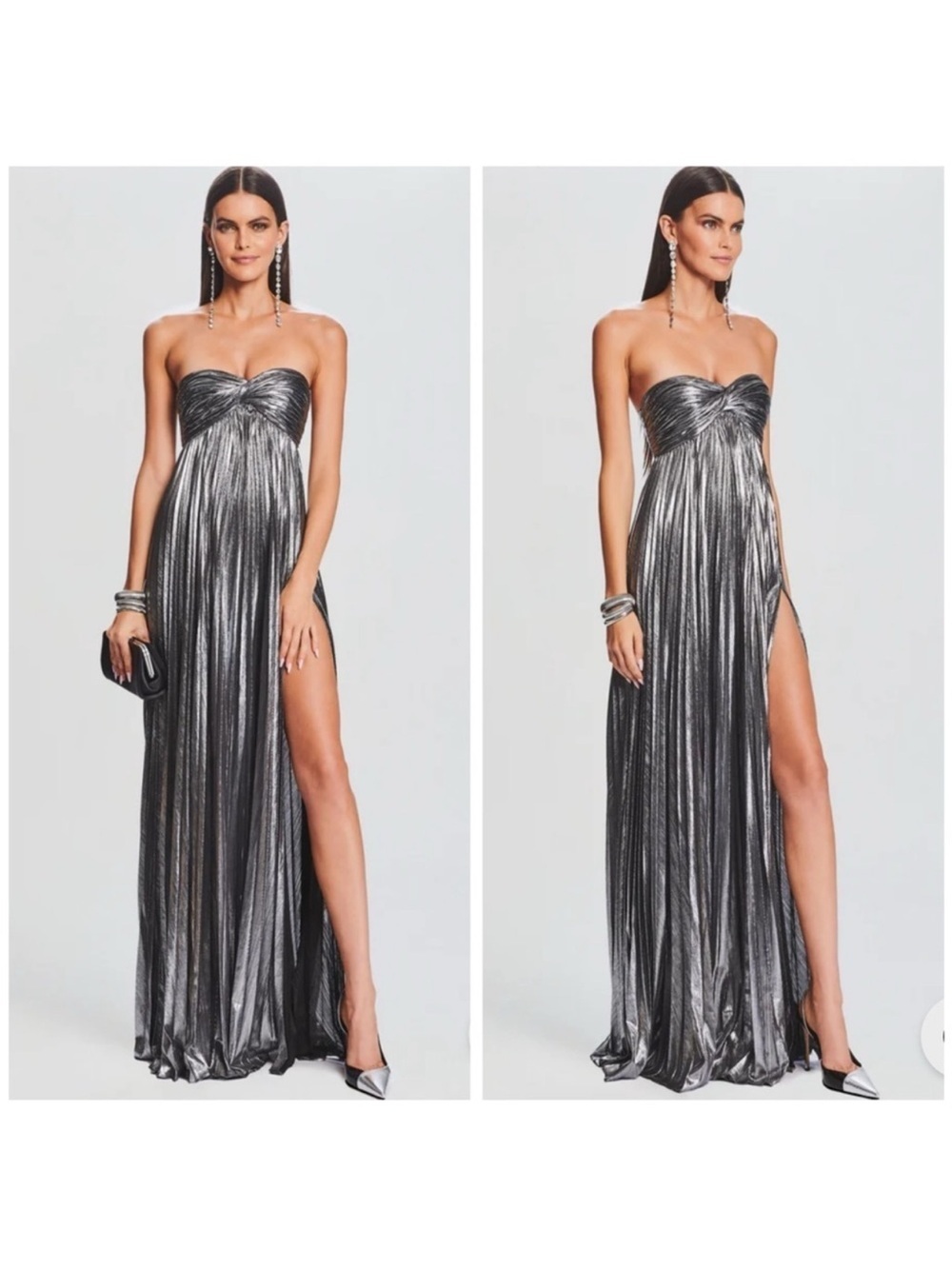 Retrofete Zoa Metallic Pleated Maxi Dress Silver Black | NWT Medium​​​